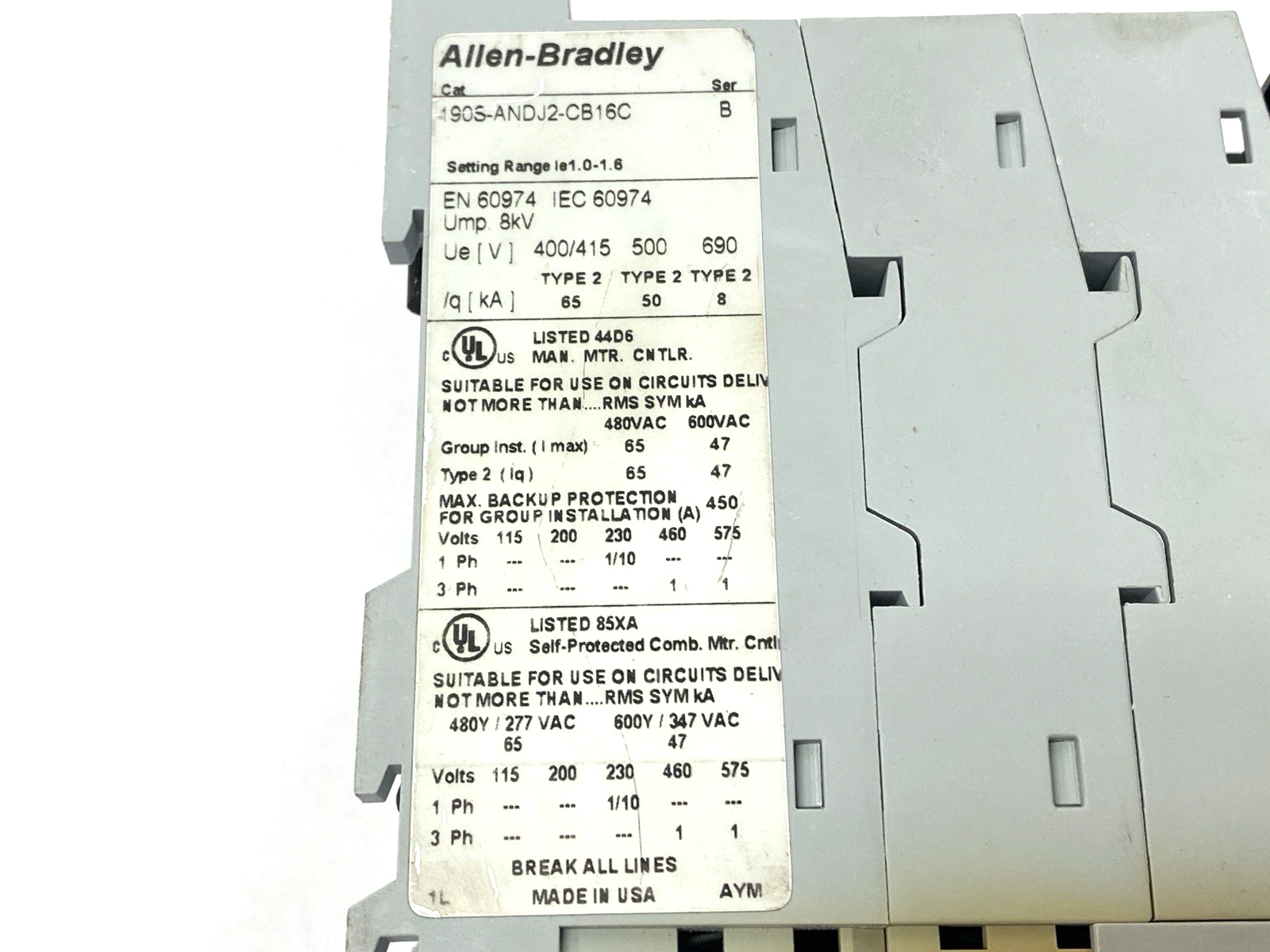 Allen Bradley 190S-ANDJ2-CB16C Ser. B Compact Starter MISSING TERMINAL BLOCK - Maverick Industrial Sales