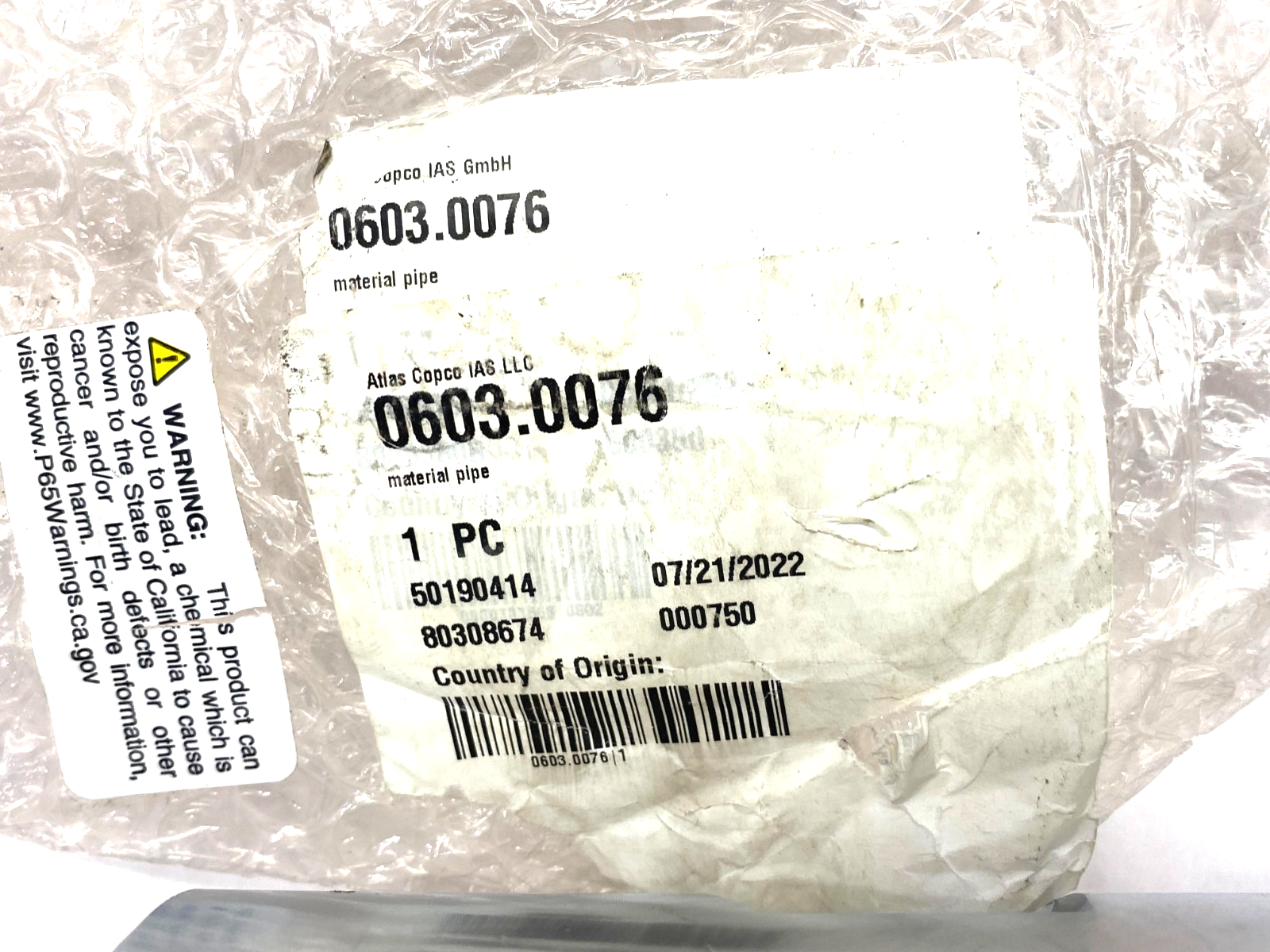 Atlas Copco 0603.0076 Material Pipe - Maverick Industrial Sales