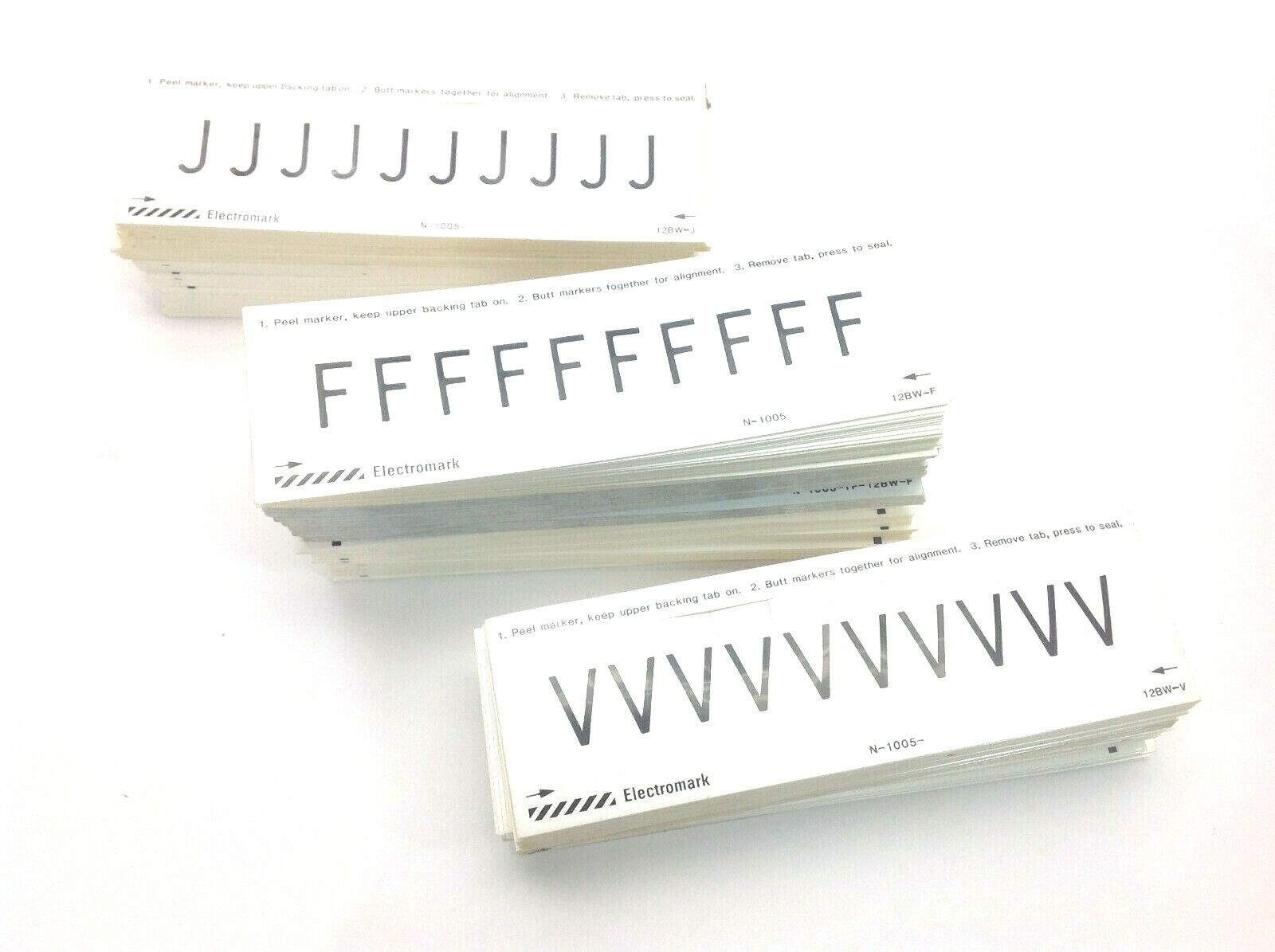 Electromark 1.5" Peel Off Letter Stickers Black on White 3/4" Letter "F" "J" "V" - Maverick Industrial Sales