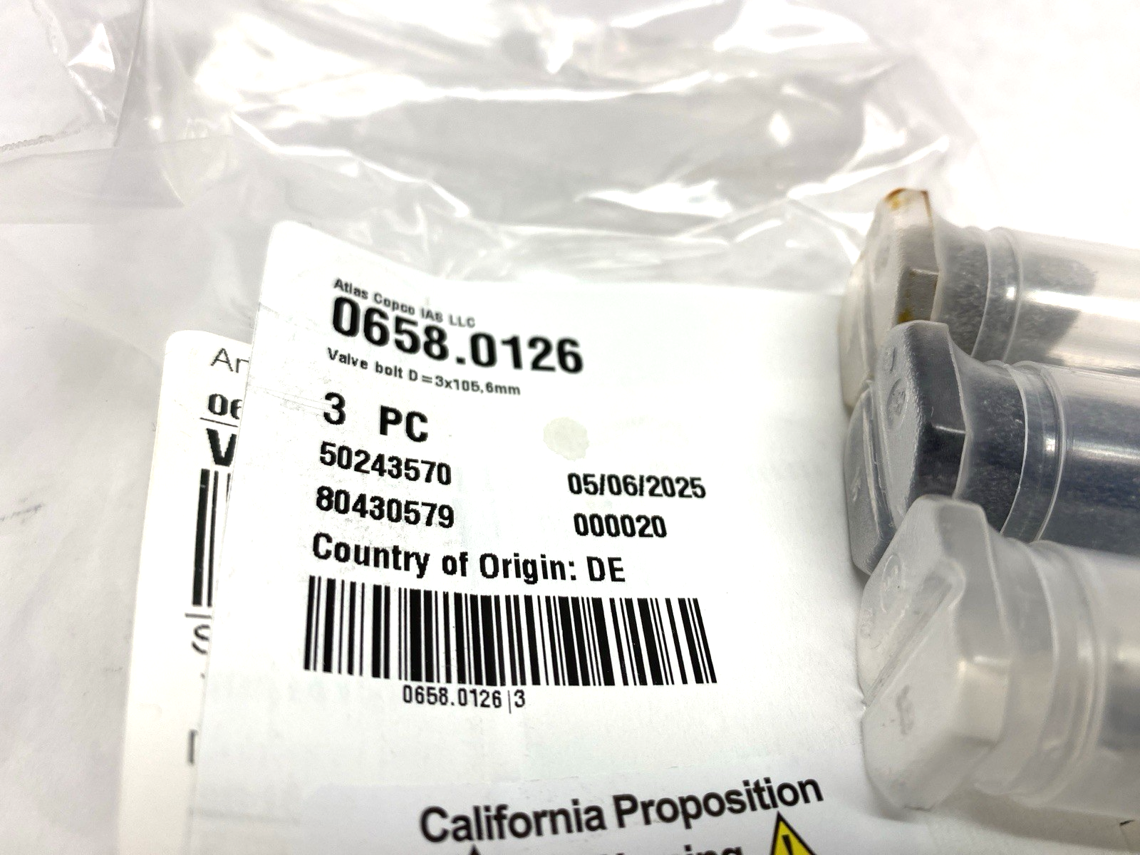 Atlas Copco 0658.0126 Valve Bolt D=3x105,6mm TC2002-A LOT OF 3 - Maverick Industrial Sales
