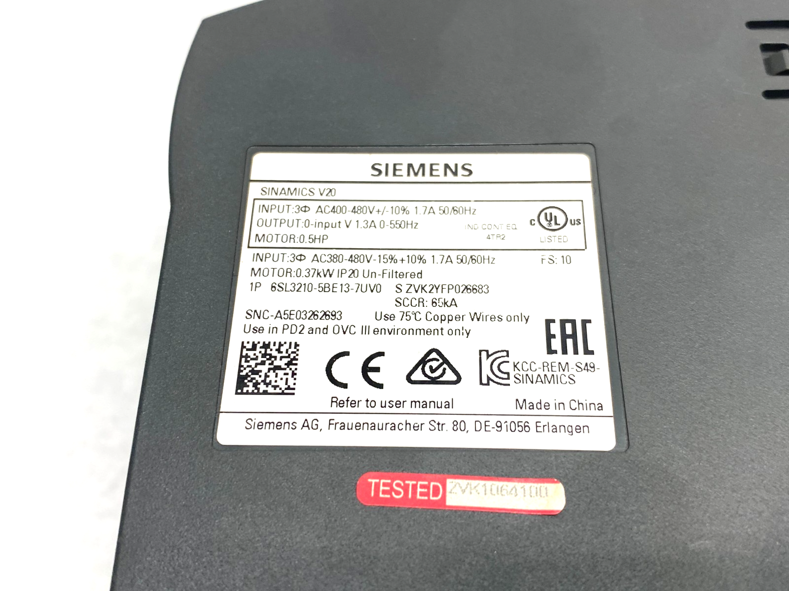 6SL3210-5BE13-7UV0 | Siemens SINAMICS V20 Variable Frequency Drive 380-480V 3 AC - Used - Maverick Industrial Sales