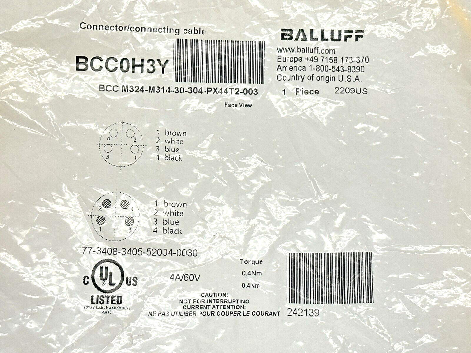 Balluff BCC M324-M314-30-304-PX44T2-003 Double-Ended Cordset M8 M/F 4-Pin - Maverick Industrial Sales