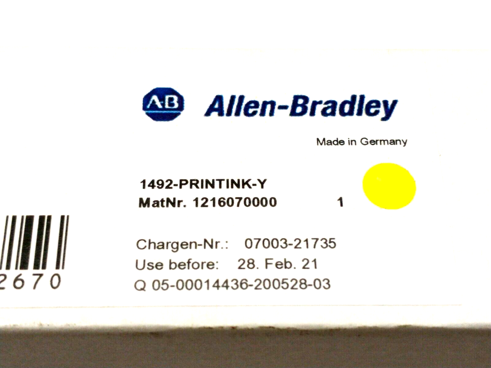 1492-PRINTINK-Y | Allen Bradley Printer Ink Cartridge, Yellow EXP 28. Feb. 21 - New – Open box - Maverick Industrial Sales
