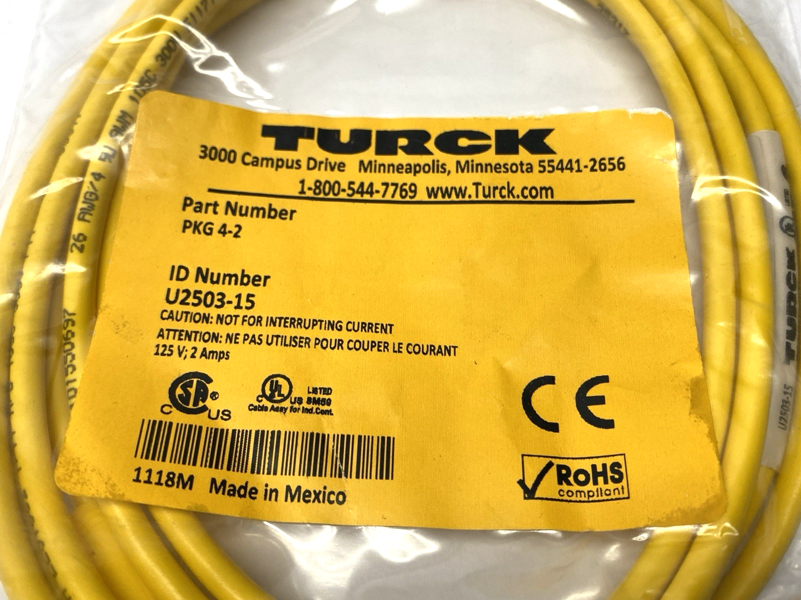 Turck PKG 4-2 Single Ended Cable M8 Female Connector 4-Pin 2m U2503-15 - Maverick Industrial Sales