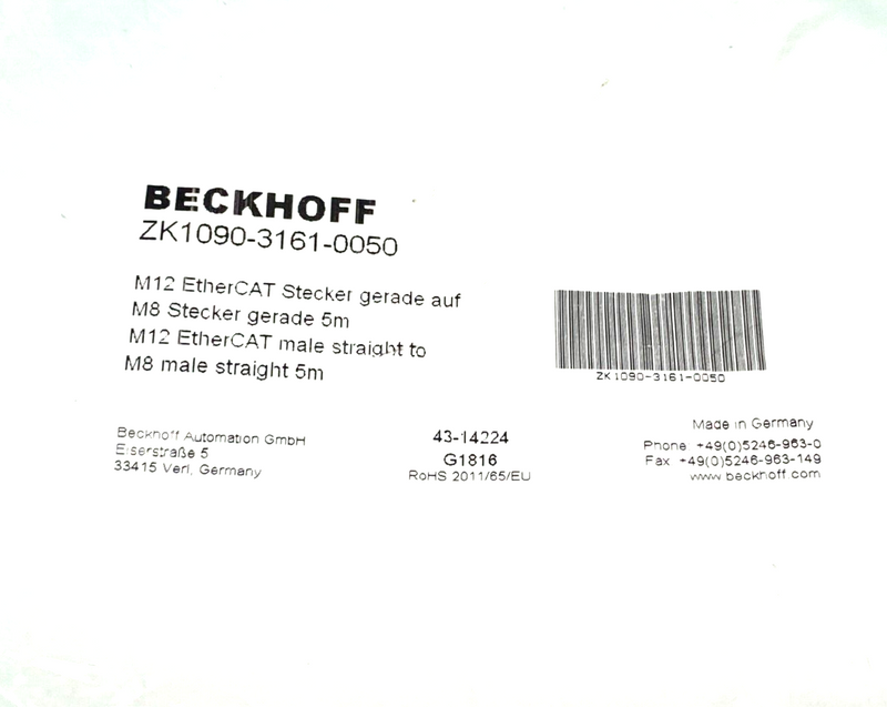 Beckhoff ZK1090-3161-0050 EtherCAT Double Ended Cordset M12 Male to M8 Male 5m - Maverick Industrial Sales