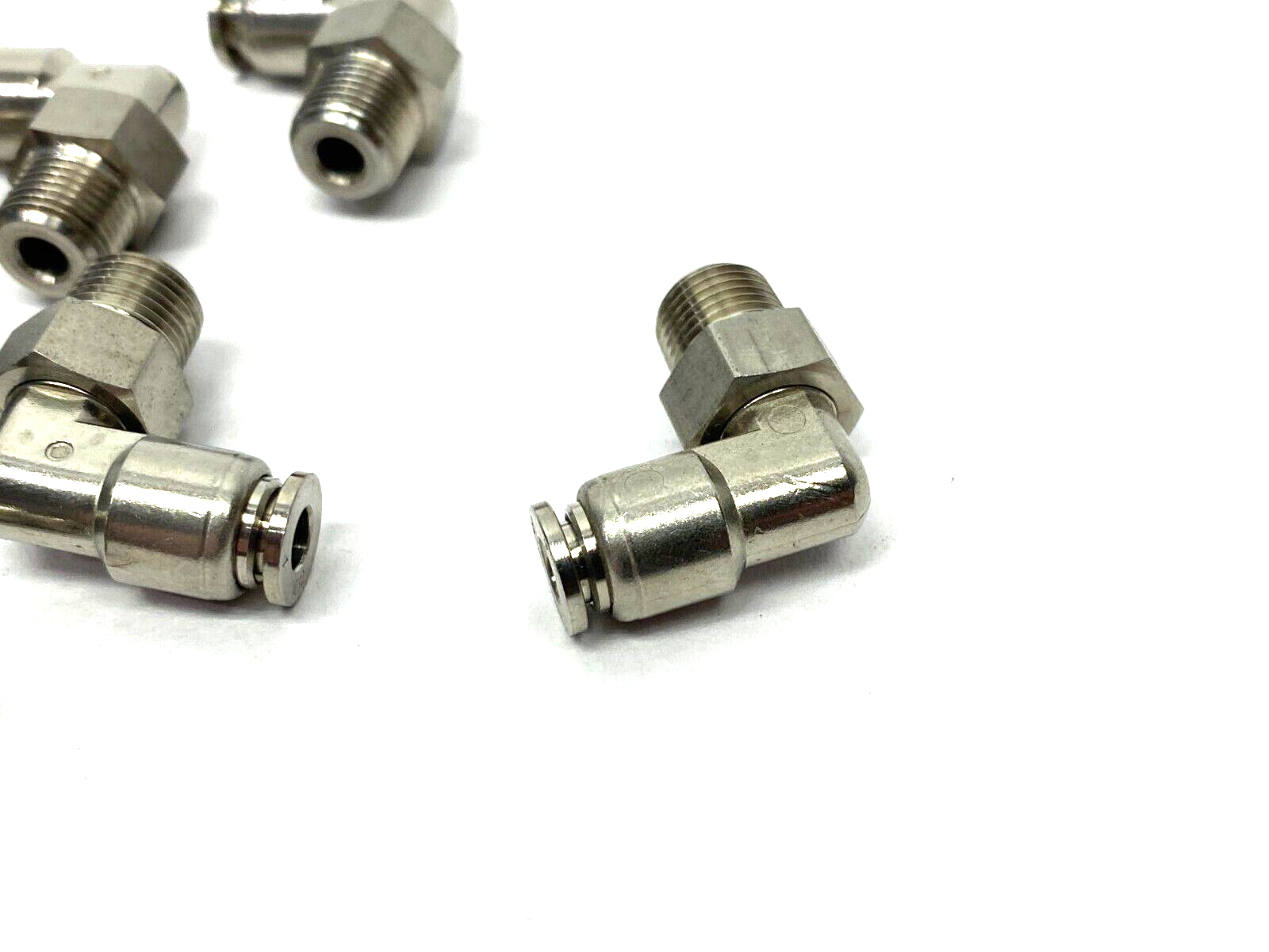 Stainless Steel Swivel Snap-Connect Elbow Fitting 4mm OD 1/8" Thread LOT OF 8 - Maverick Industrial Sales