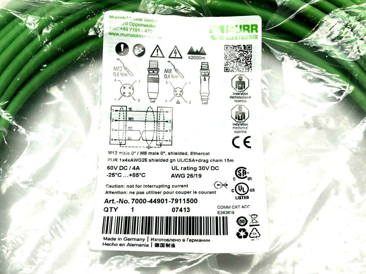 7000-44901-7911500 | Murr Elektronik Shielded Ethercat Cable M12 Male to Female - New - Maverick Industrial Sales