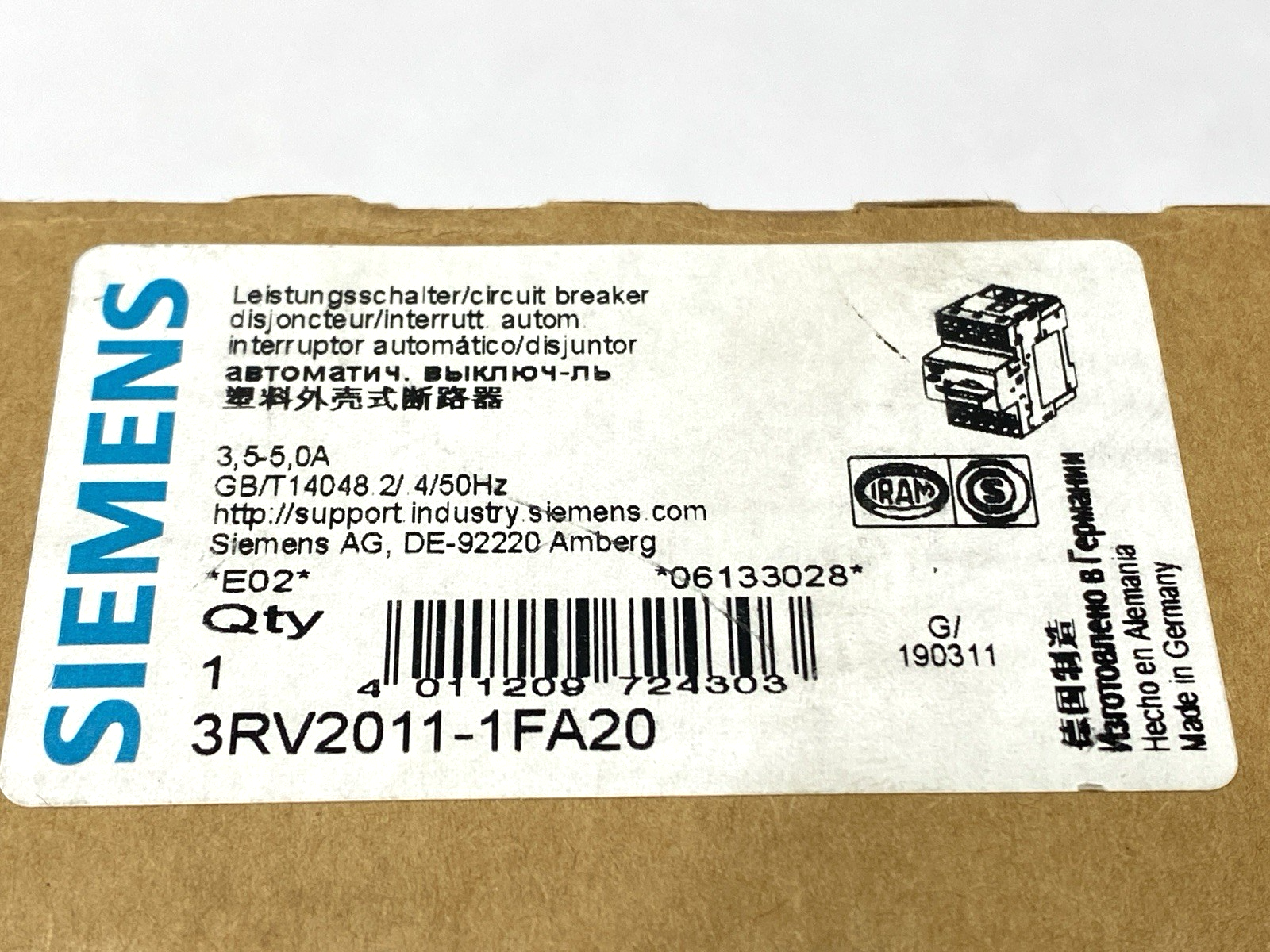 Siemens 3RV2011-1FA20 SIRIUS Motor Protector Circuit Breaker 690V 3,5-5,0A - Maverick Industrial Sales