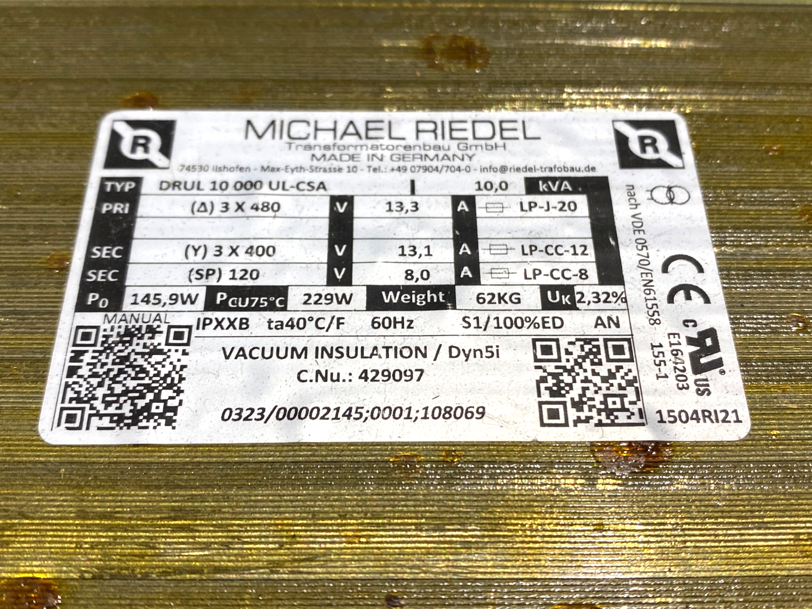 Michael Riedel DRUL 10000 UL-CSA Transformer 3-Phase - Maverick Industrial Sales