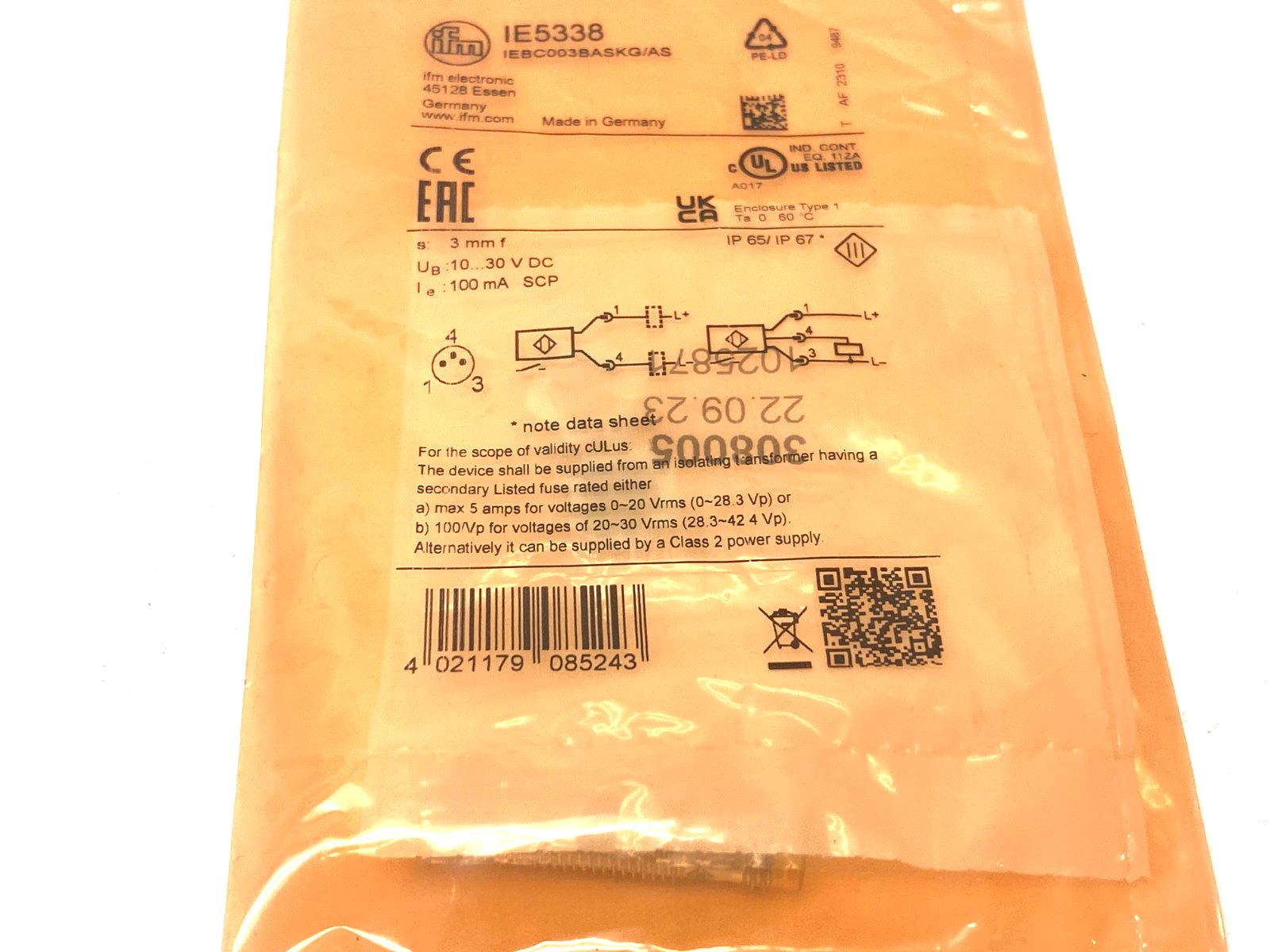 Ifm IEBC003BASKG/AS Inductive Proximity Sensor, M8 Thread, 3mm Range, IE5338 - Maverick Industrial Sales