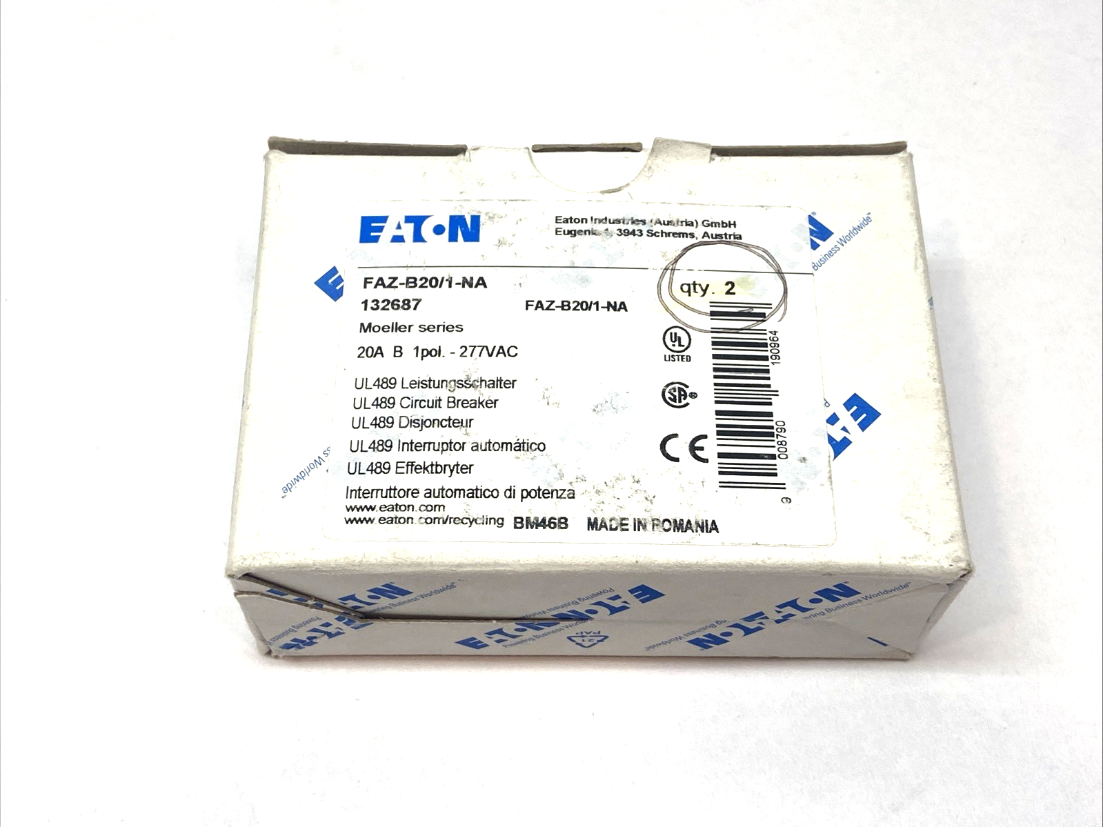 Eaton FAZ-B20/1-NA Circuit Breaker 1-Pole B-Curve 20A 132687 BOX OF 2 - Maverick Industrial Sales