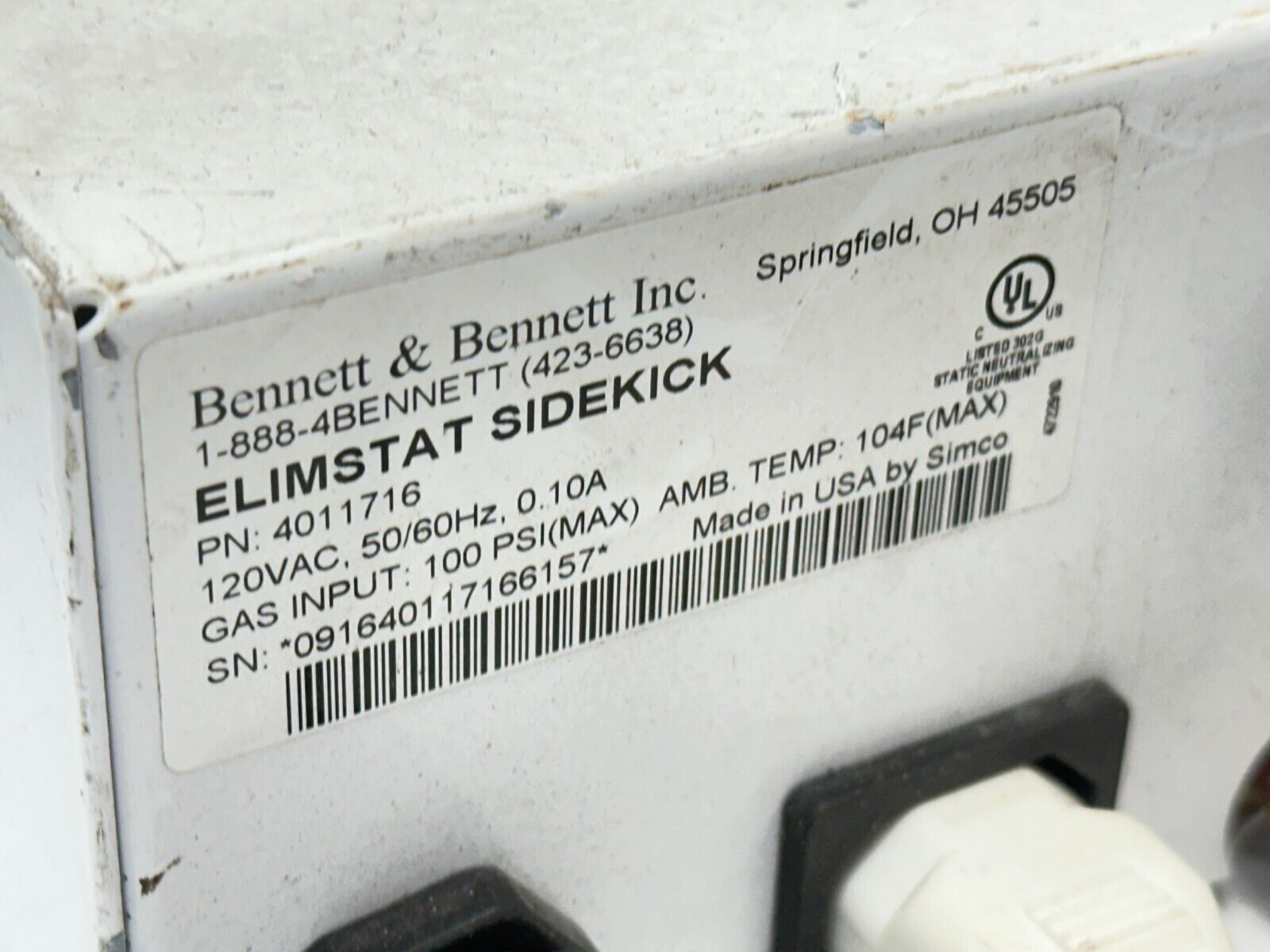 Bennett & Bennett 4011716 Elimistat Sidekick Ionizing Gun 120VAC w/ 25507 Sensor - For parts or not working - Maverick Industrial Sales