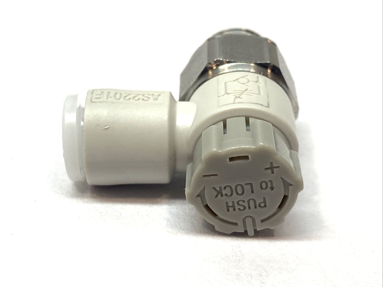AS2201FG-G01-06A | SMC Pneumatic Speed Flow Control Valve, Elbow, 1/8" - New – Open box - Maverick Industrial Sales