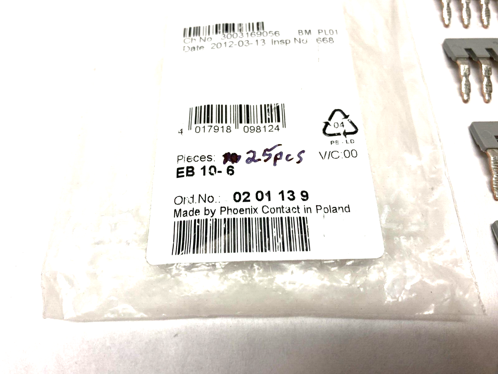 Phoenix Contact EB 10-8 Gray Insertion Jumper Bridge 0201139 PKG OF 25 - Maverick Industrial Sales