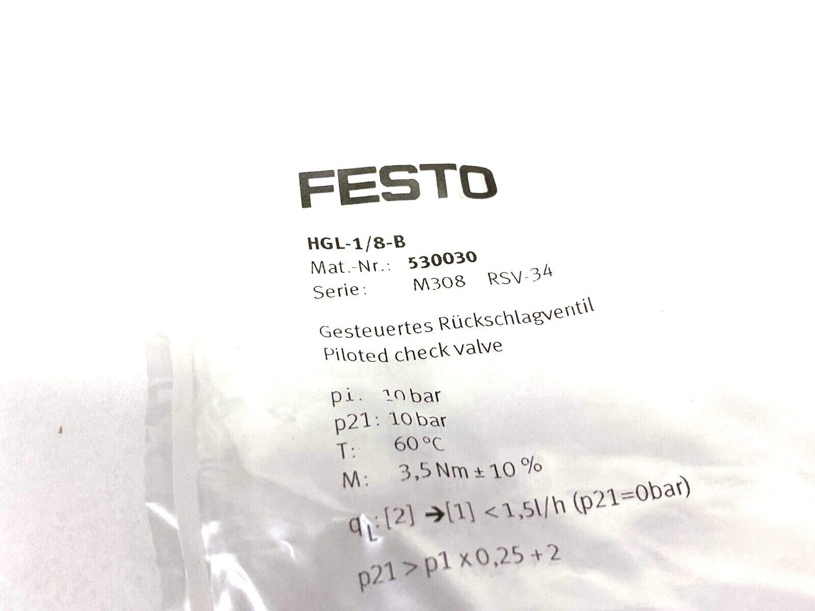 Festo HGL-1/8-B Piloted Non-Return Check Valve 530030 - Maverick Industrial Sales