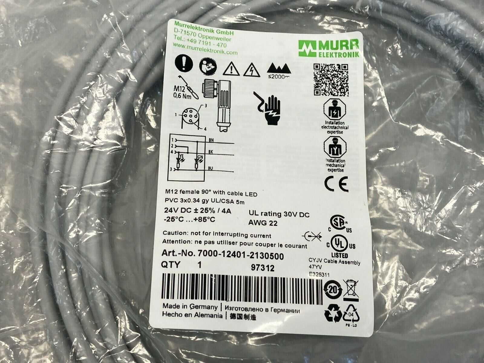 Murr Elektronik 7000-12401-2130500 Single-Ended Cordset - Maverick Industrial Sales