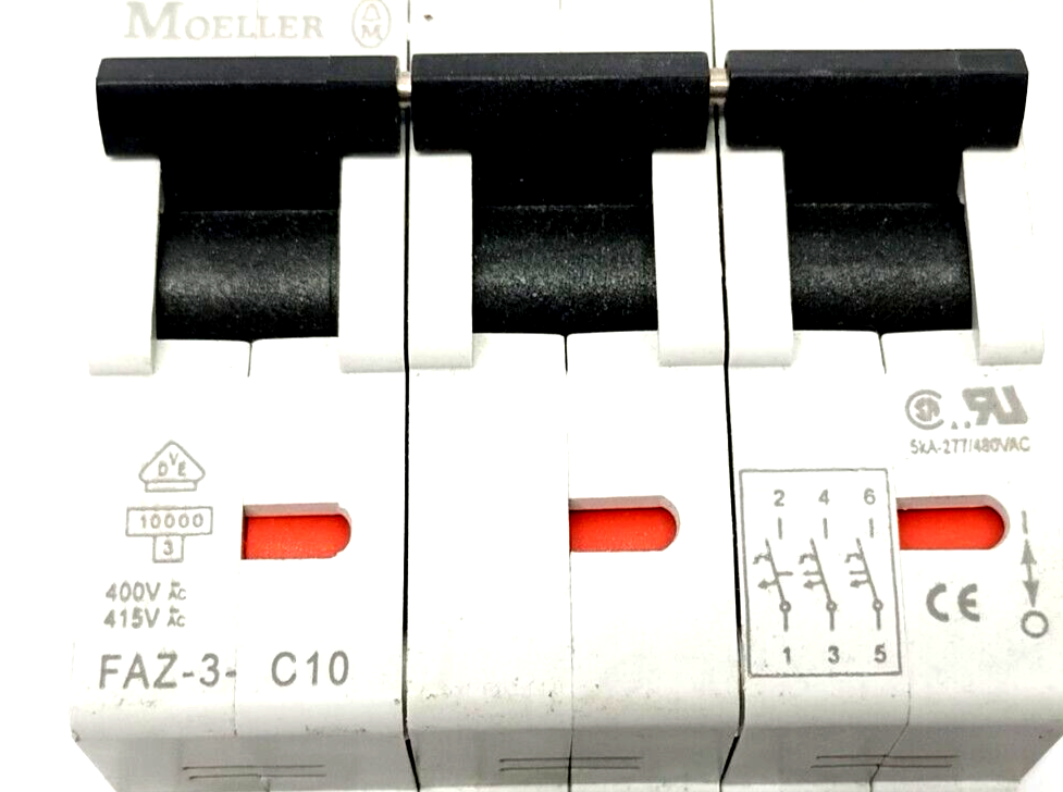 FAZ-3-C10,FAZ-3 C10 | Moeller FAZ-3-C10 Miniature Circuit Breaker 3-Pole 10A 480Y/277VAC - Used - Maverick Industrial Sales