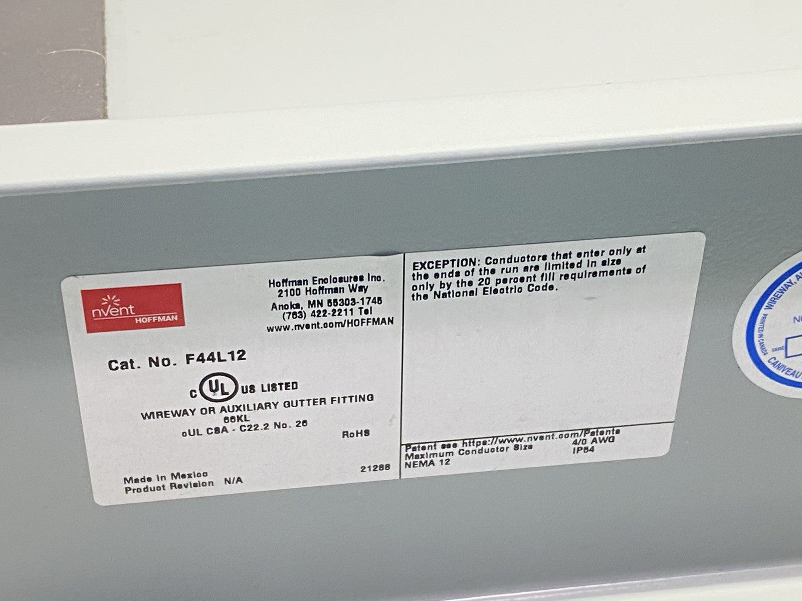F44L12 | Hoffman nVent Hinged Cover Wireway Section 4" x 4" Gray Steel - New – Open box - Maverick Industrial Sales