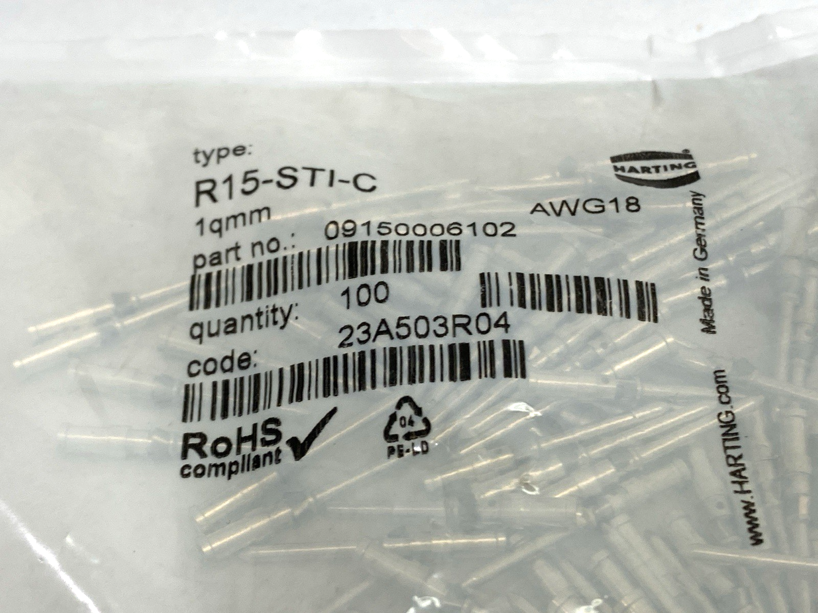 Harting 09150006102 Crimp Contact 1qmm R15-STI-C LOT OF 100 - Maverick Industrial Sales