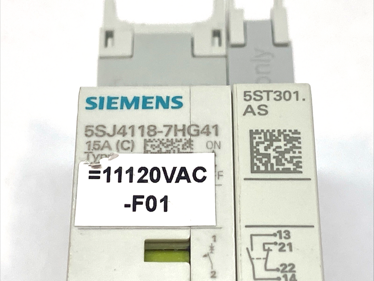 5SJ4118-7HG41,5ST3010-0HG | Siemens 5SJ4118-7HG41 Miniature Circuit Breaker w/ 5ST3010-0HG Auxiliary Switch - Used - Maverick Industrial Sales