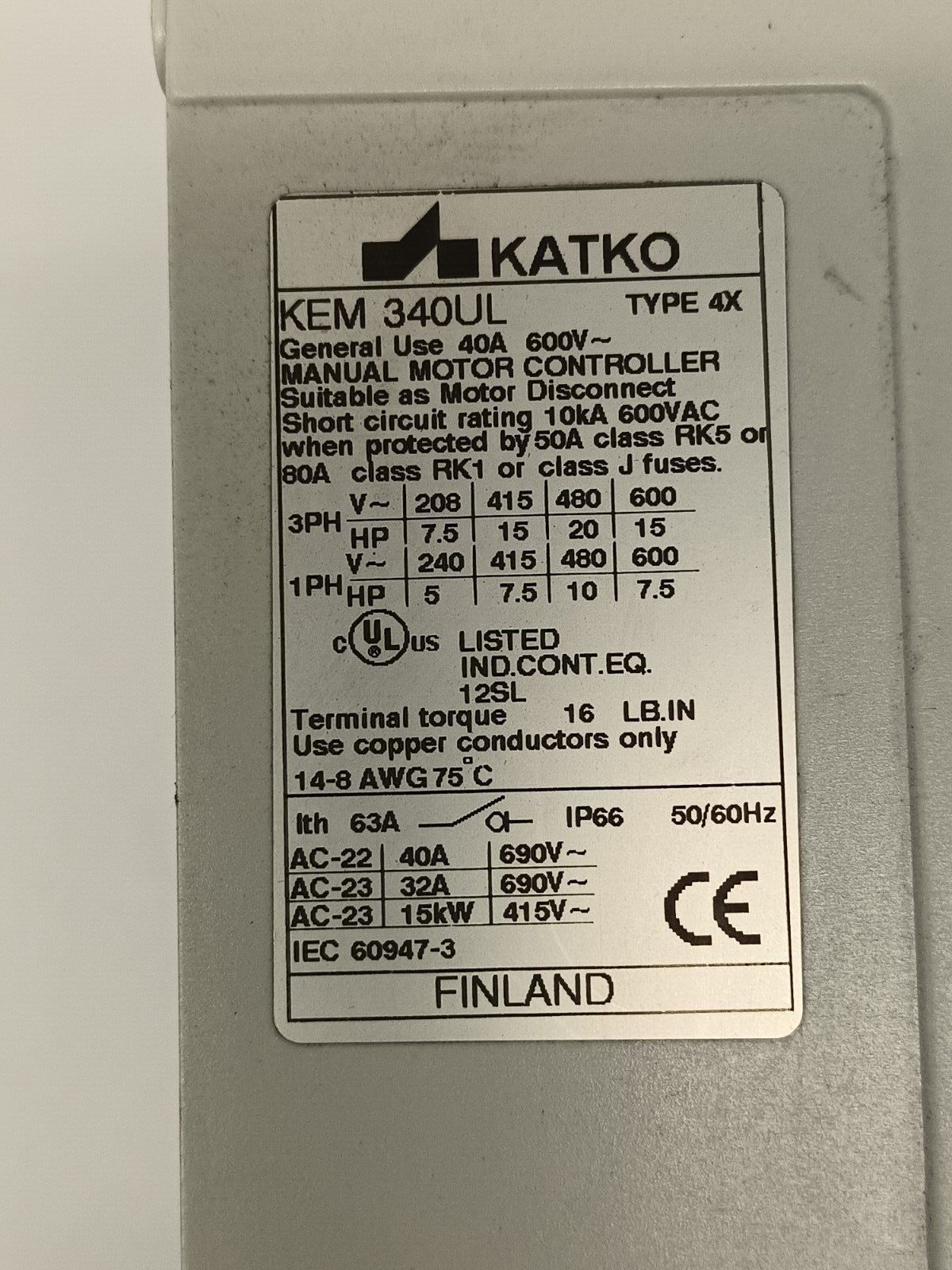 Katko KEM 340UL Manual Motor Controller Type 4X 40A 600VAC - Maverick Industrial Sales
