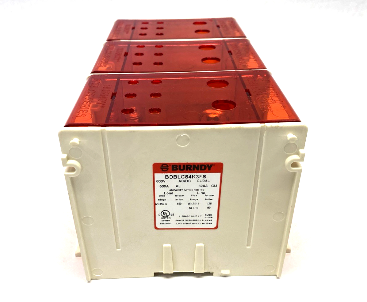 BDBLCS4K3FS | Burndy 3-Pole Power Distribution Block 600V 620A CU9AL - New – Open box - Maverick Industrial Sales