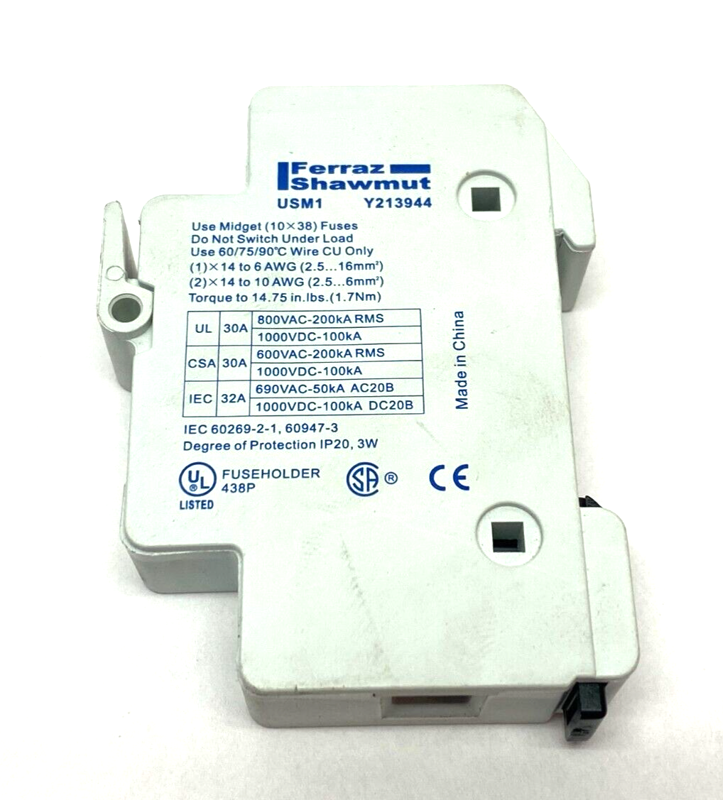 USM1 Y213944 | Ferraz Shawmut Y213944 UltraSafe Midget Fuse Holder 1-Pole 800V 30A LOT OF 3 - Used - Maverick Industrial Sales