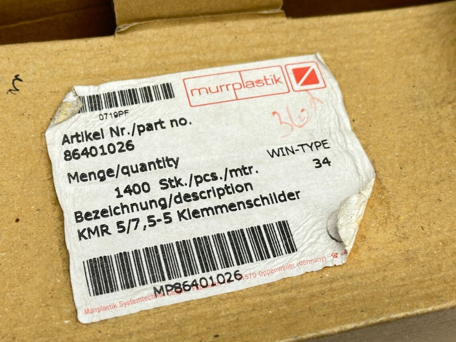 Murrplastik 86401026 Labeling Type KMR 5/7,5-5 WIN-Type 34 LOT OF 1584 - Maverick Industrial Sales