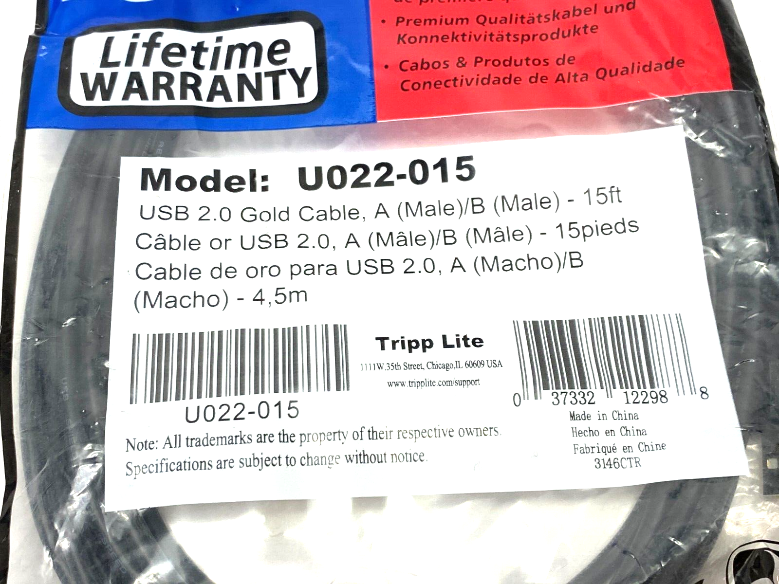 Tripp Lite U022-015 Hi-Speed USB 2.0 A to B Cable Assembly 15' Length - Maverick Industrial Sales