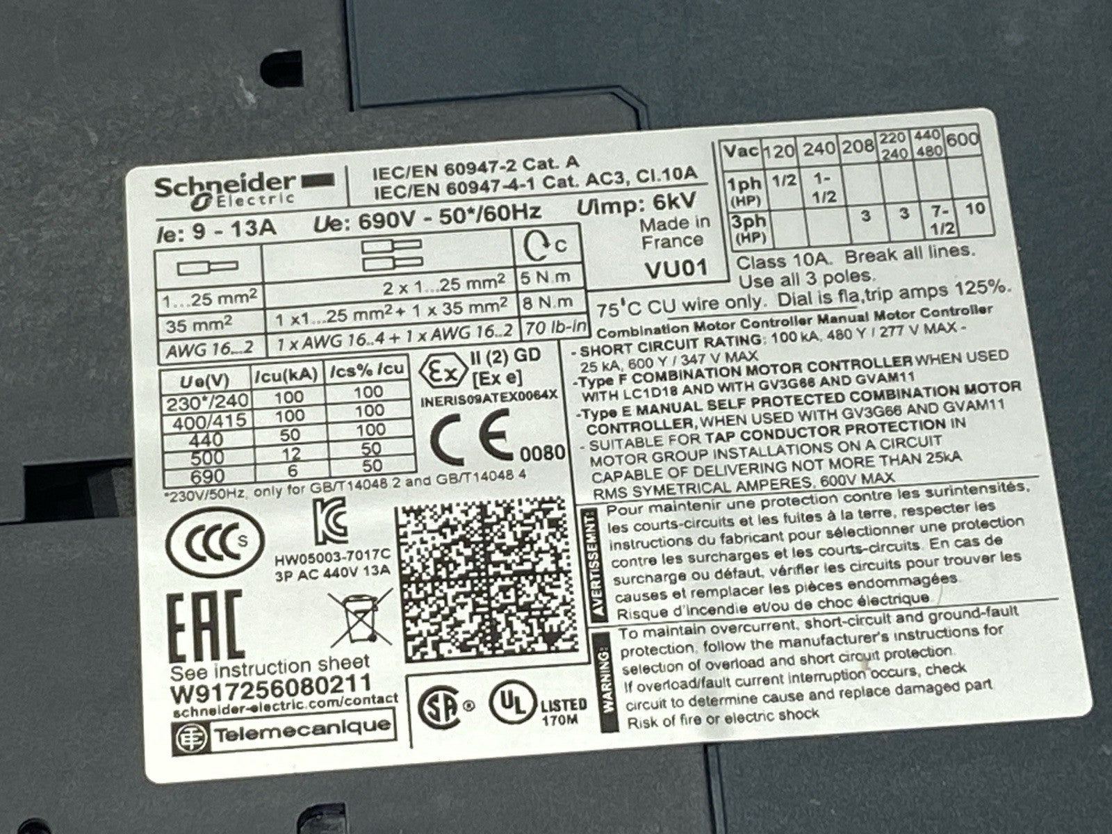 Schneider Electric GV3P13 Motor Circuit Breaker Manual Starter 9-13A - Maverick Industrial Sales
