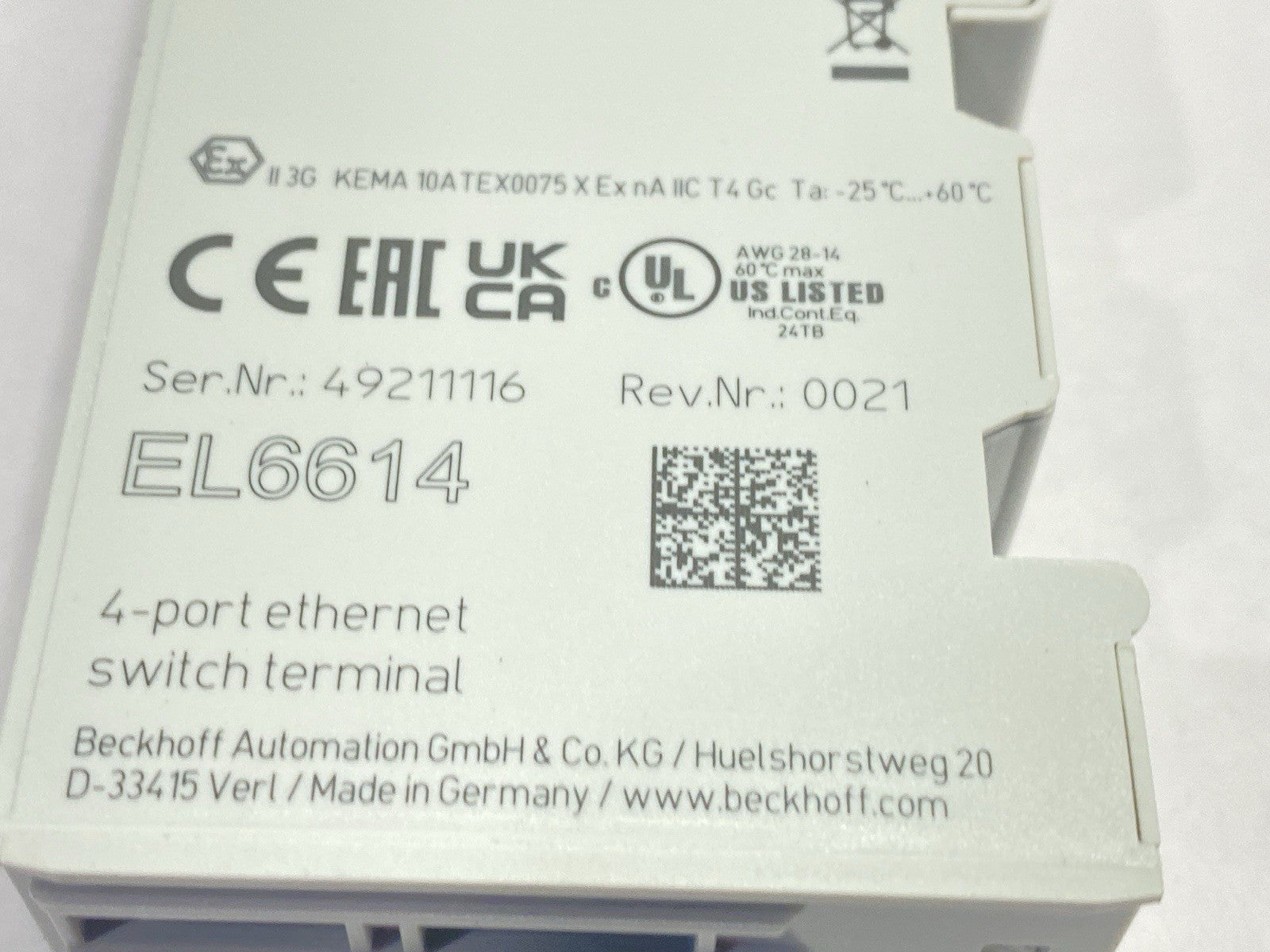 Beckhoff EL6614 EtherCAT Terminal 4-Port Ethernet Switch Communication Interface - Maverick Industrial Sales