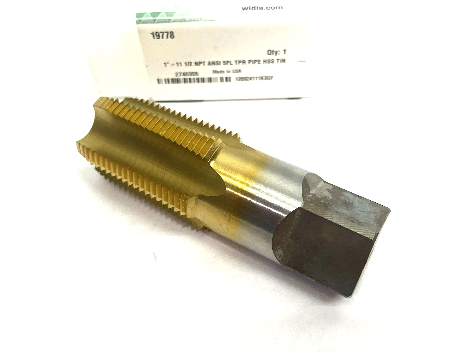 2746355 | Widia Taper Pipe Tap 5-Flute NPT/NPTF 1" - 11-1/2 TiN Coat 19778 - New – Open box - Maverick Industrial Sales
