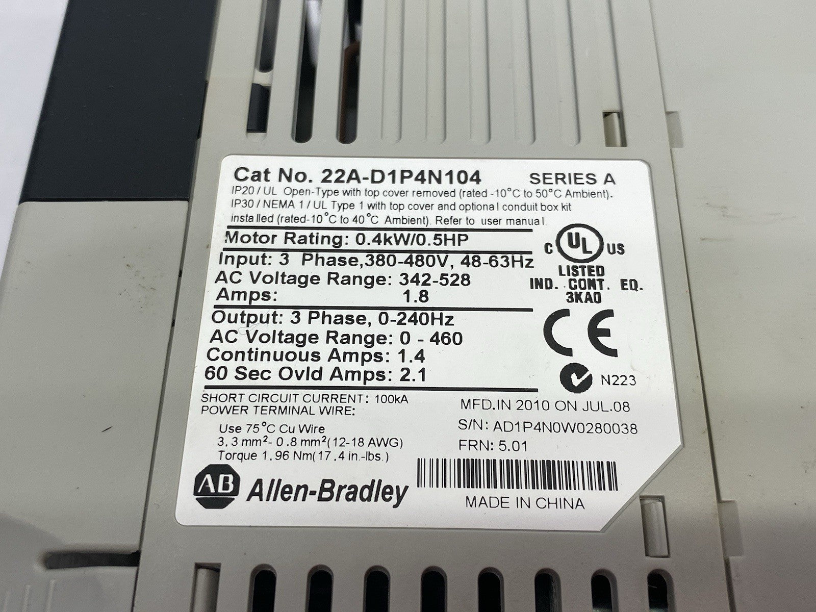 Allen Bradley 22A-D1P4N104 Ser. A PowerFlex 4- 0.4 kW (0.5 HP) AC Drive - Maverick Industrial Sales
