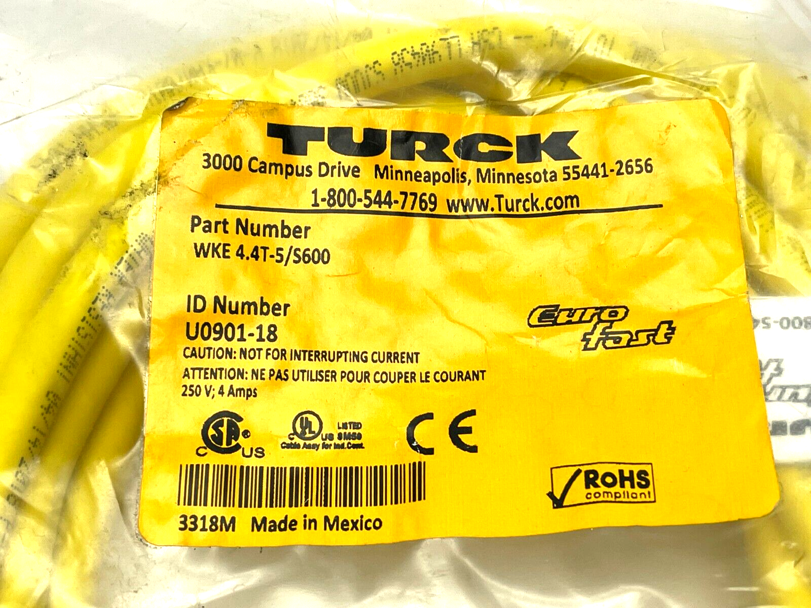 Turck WKE 4.4T-5/S600 Single Ended Cordset Right Angle 5m Length U0901-18 - Maverick Industrial Sales