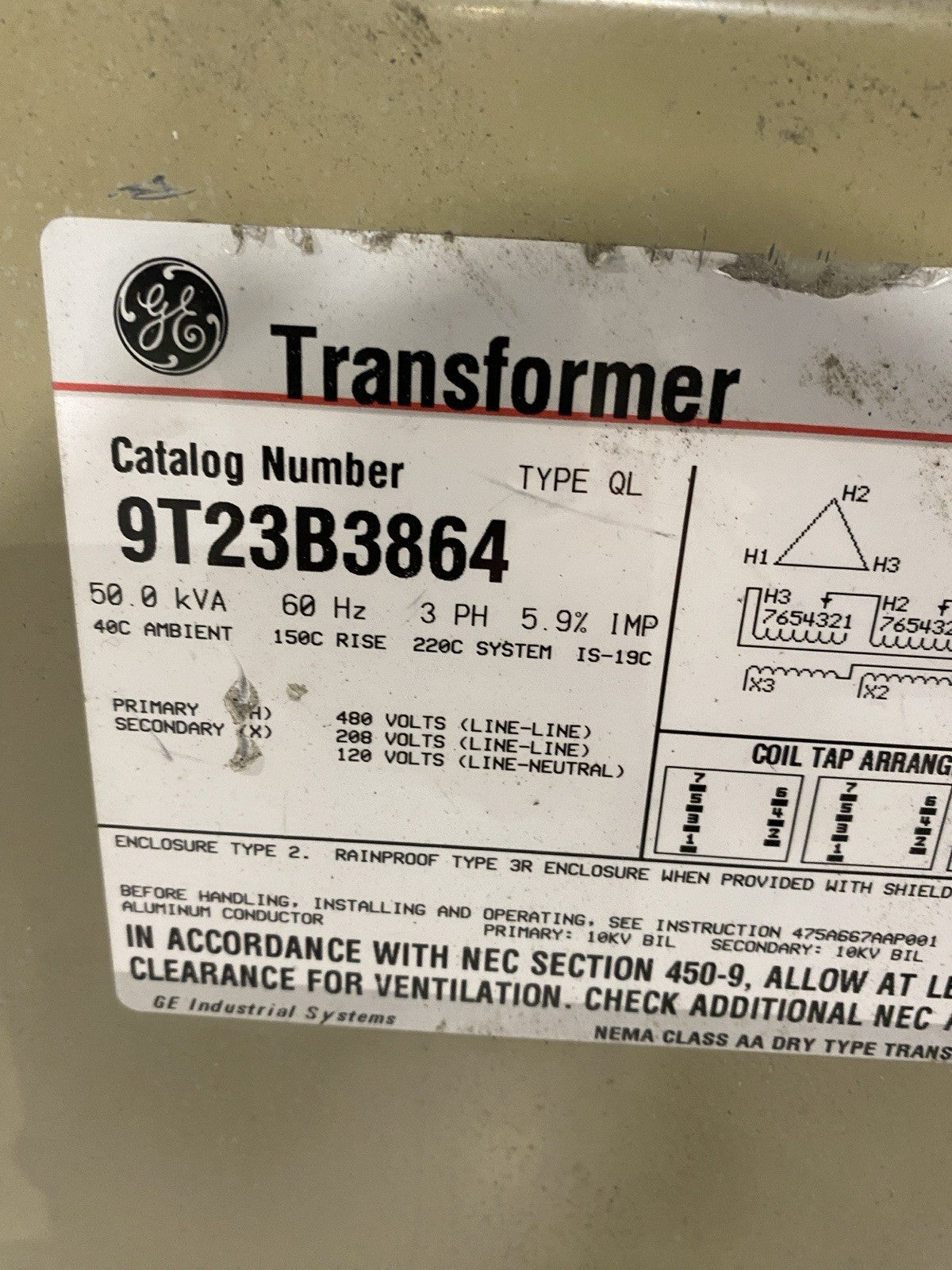 9T23B3864 | GE Transformer Type QL 50.0 kVA 60Hz 3 PH 5.9% 1MP 480V-208/120V - Used - Maverick Industrial Sales
