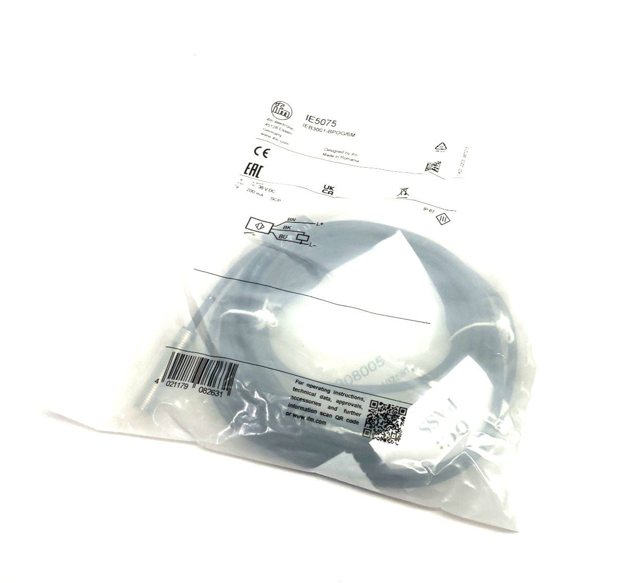 IE5075 | Ifm Short Housing Inductive Sensor, 6m PVC Cable, PNP NO, IEB3001-BPKG/6M - New - Maverick Industrial Sales