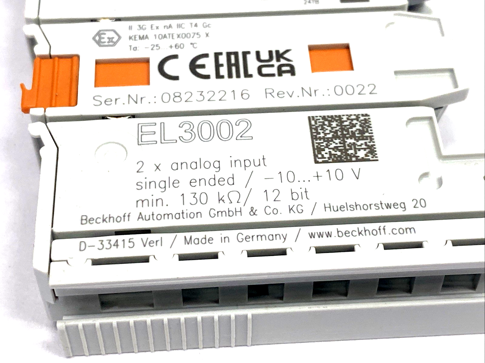 Beckhoff EL3002 EtherCAT Terminal, 2-Channel Analog Input, 12 Bit, Single-Ended - Maverick Industrial Sales