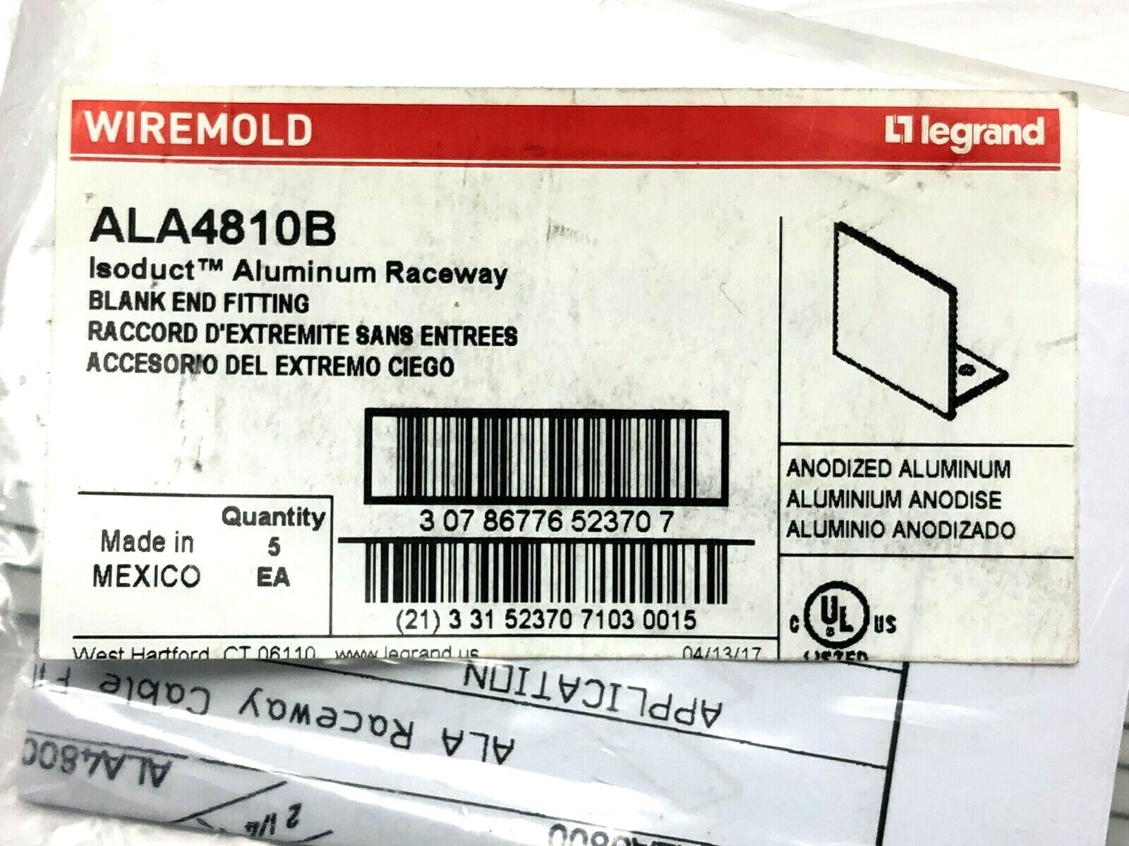 Wiremold ALA4810B Blank End Fitting PACKAGE OF 5 - Maverick Industrial Sales
