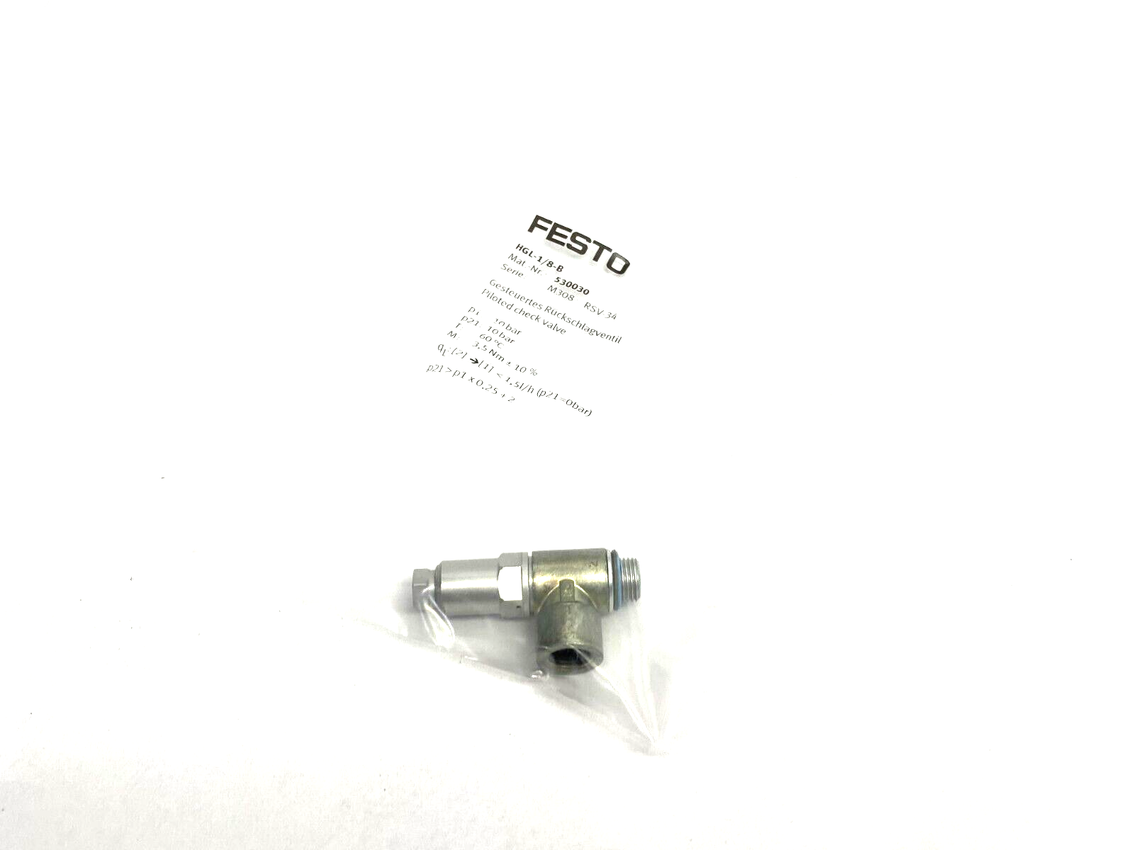 Festo HGL-1/8-B Piloted Non-Return Check Valve 530030 - Maverick Industrial Sales