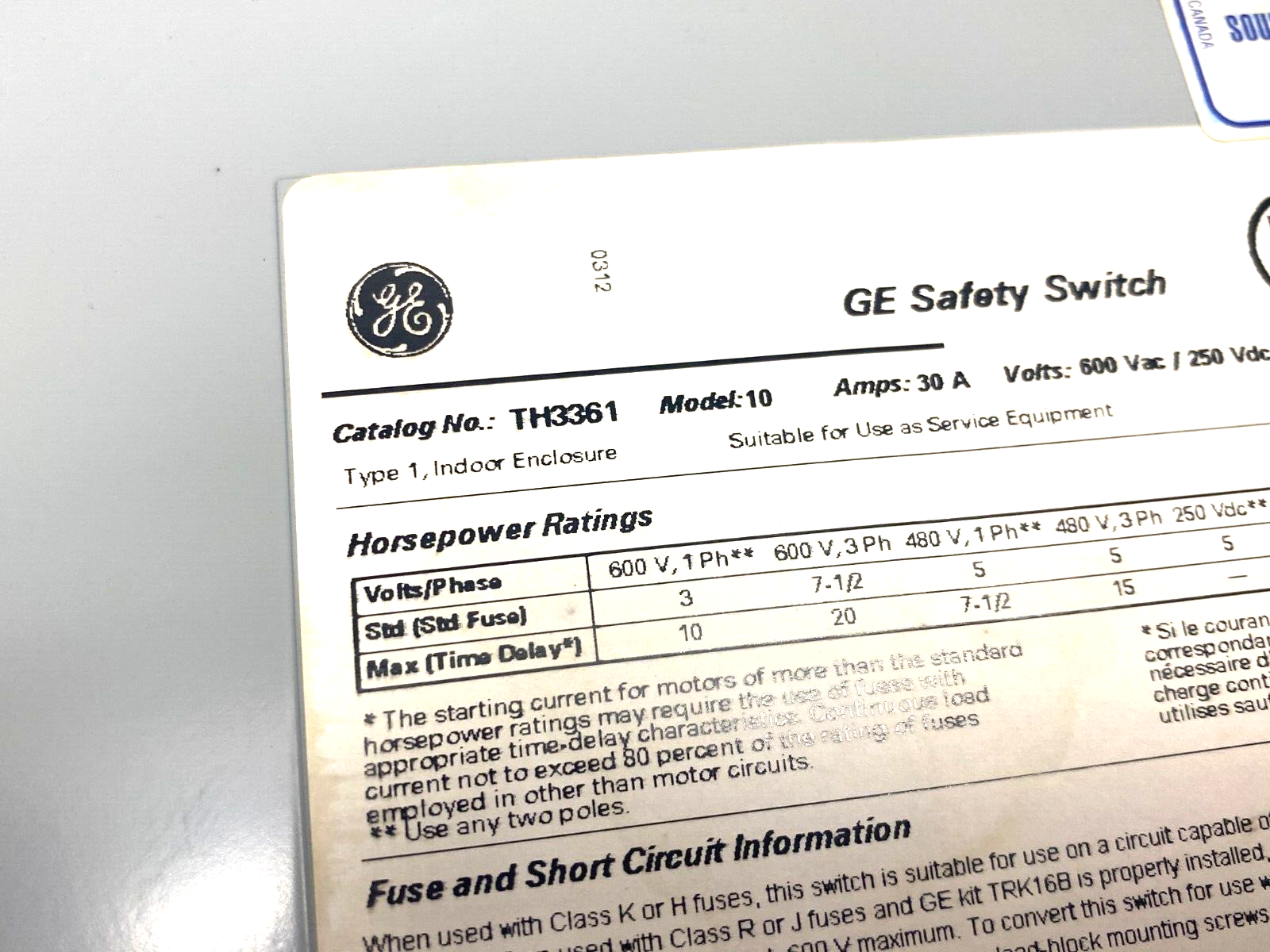 General Electric TH3361 Fusible Heavy Duty Disconnect Switch 600V 30A - Maverick Industrial Sales