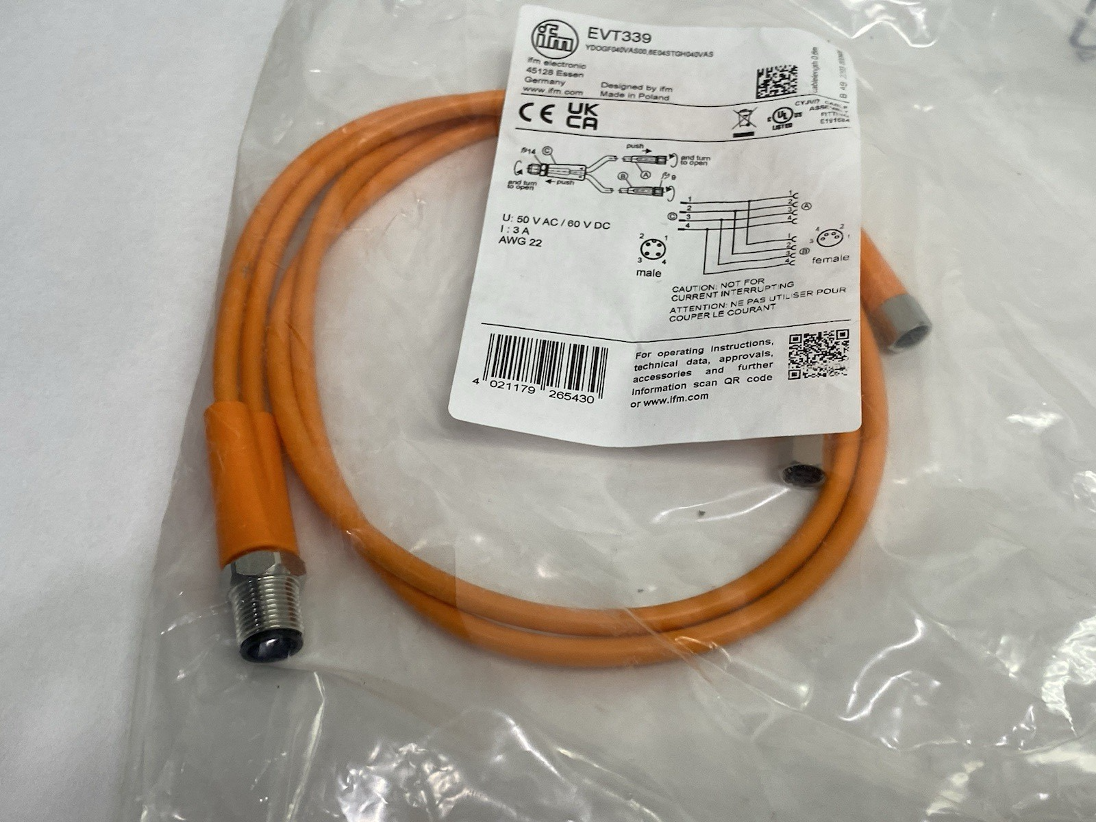 EVT339 | Ifm A-Coded Y-Connection Cable YDOGF040VAS00,6E04STGH040VAS - New - Maverick Industrial Sales