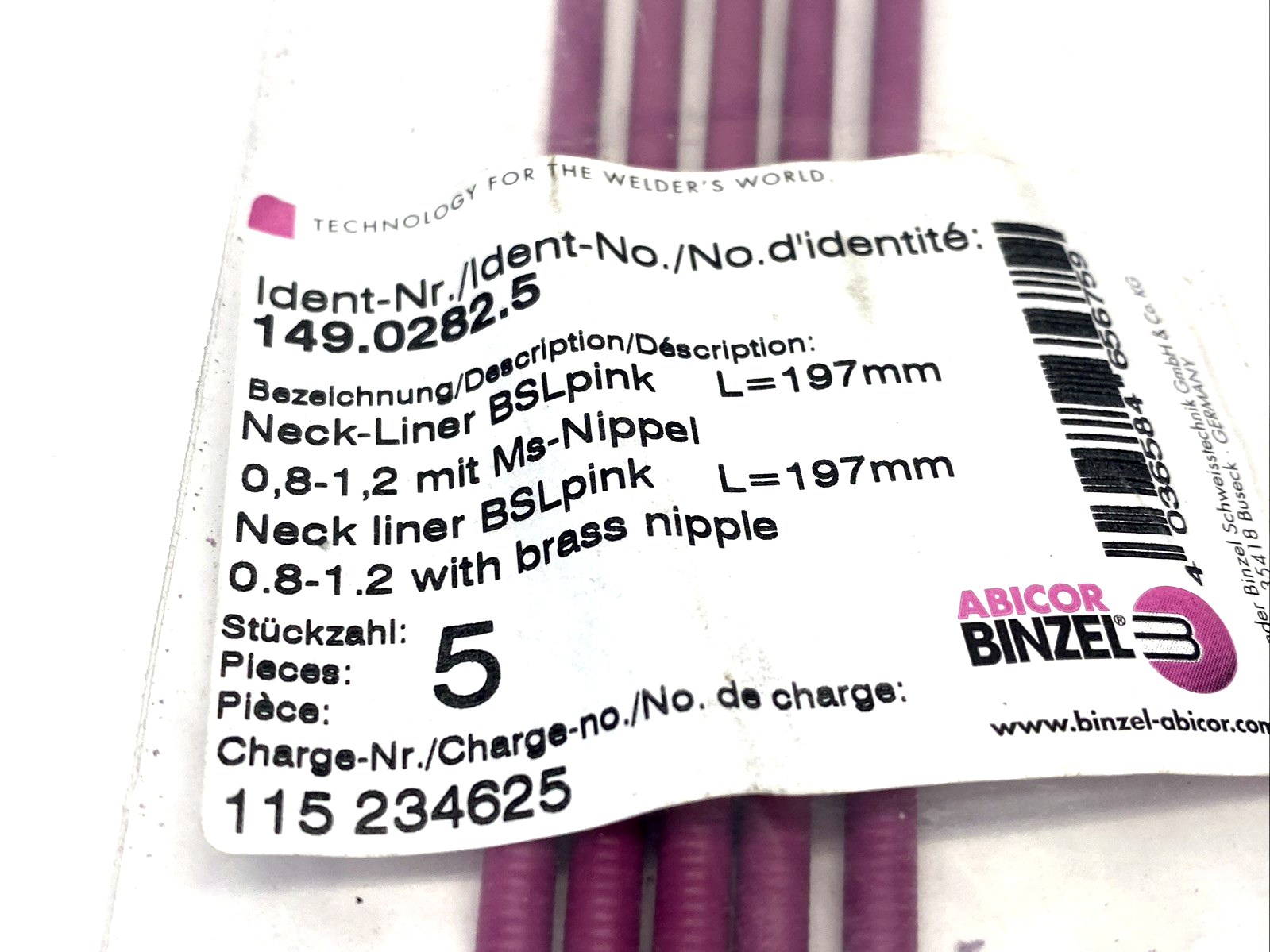 Abicor Binzel 149.0282 Neck-Liner WH 45/505/500T BSLpink 0.8-1.2 Ins L=197mm 5PK - Maverick Industrial Sales