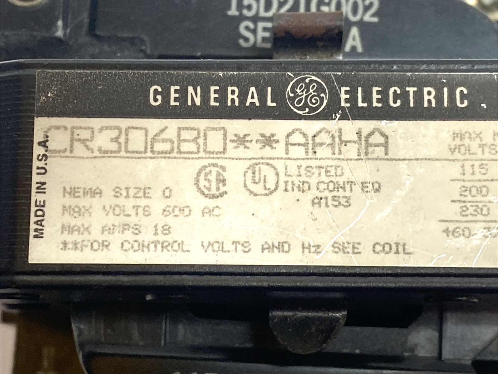 GE CR306BD Magnetic Motor Starter NEMA Size 0 18A 600V 120V Coil B406 Heater - Maverick Industrial Sales