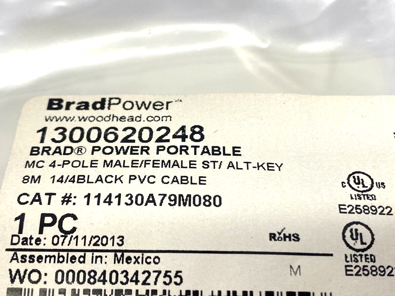 114130A79M080,1300620248 | BradPower 1300620248 Circular 4-Pole Cable Assembly Male/Female 114130A79M080 - New - Maverick Industrial Sales