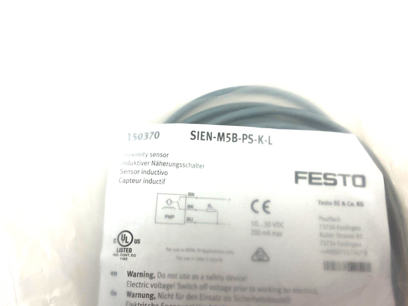 Festo SIEN-M5B-PS-K-L Proximity Sensor M5x0.5, PNP, N/O Contact 10-30V 150370 - Maverick Industrial Sales