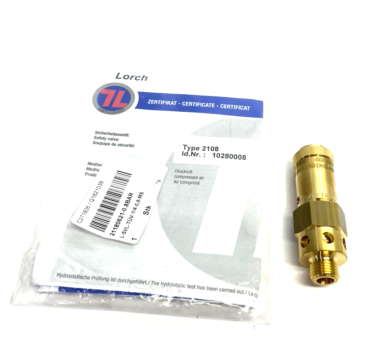 Lorch 10280008 Safety Valve Type 2108 21180621-0.8BAR, L-SVL-gepr.-1/4-0,8-MS - Maverick Industrial Sales