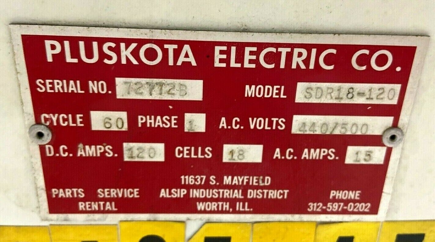 Pluskota SDR18-120 Lift Truck Battery Charger 18 Cell 1 PH 440/500 VAC 120 DC - Maverick Industrial Sales