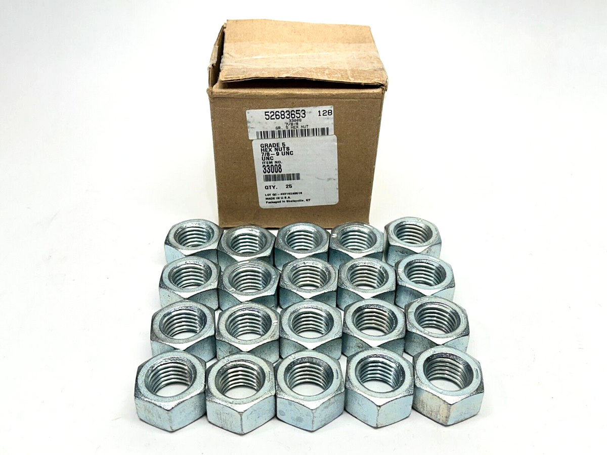 33008 | Hex Nuts 7/8-9 Grade 5 Steel Zinc 1-5/16″ Across Flats PKG OF 25 - New – Open box - Maverick Industrial Sales