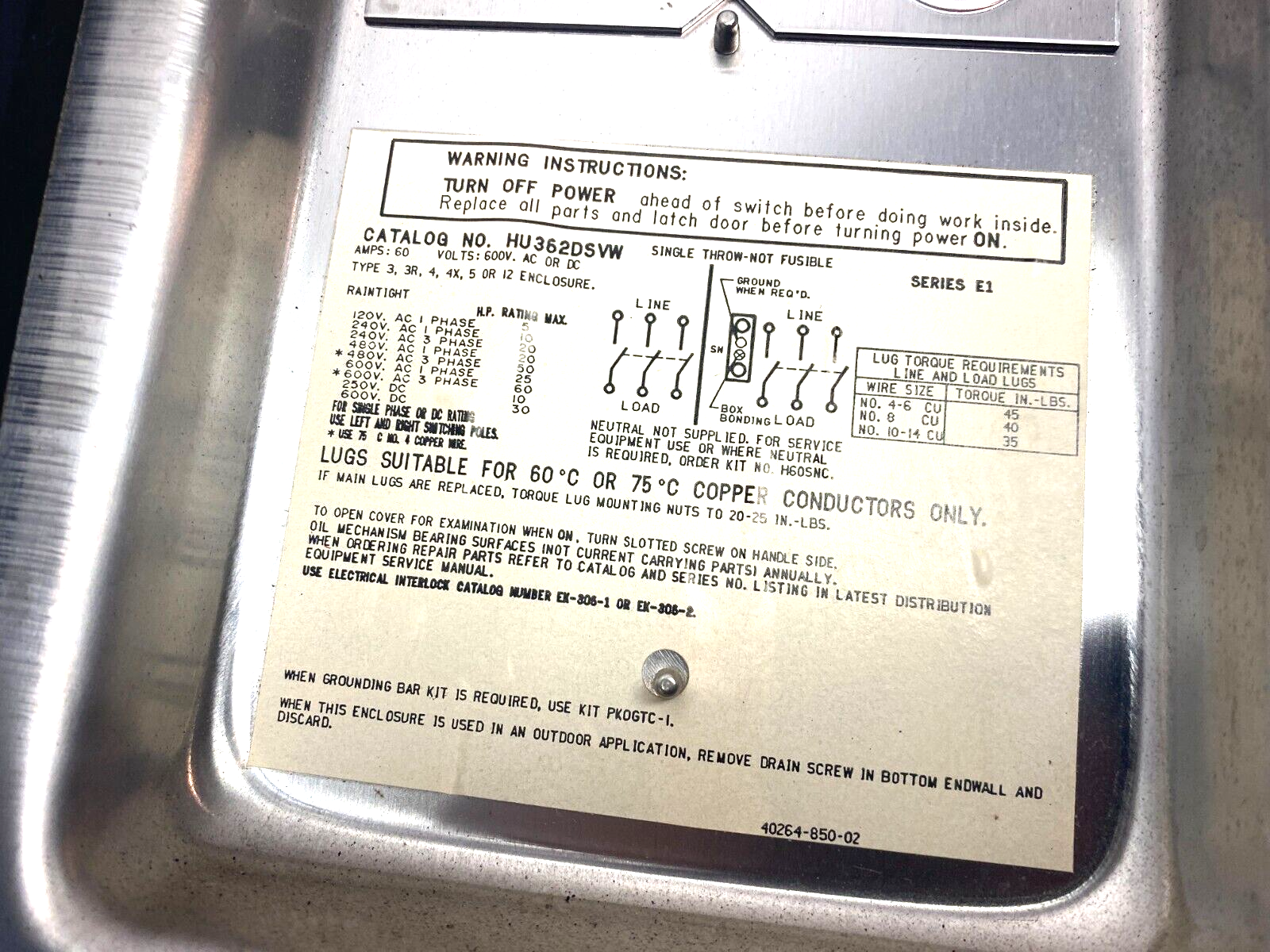 Square D HU362DSVW Stainless Steel Heavy Duty Safety Switch Series E1 - Maverick Industrial Sales