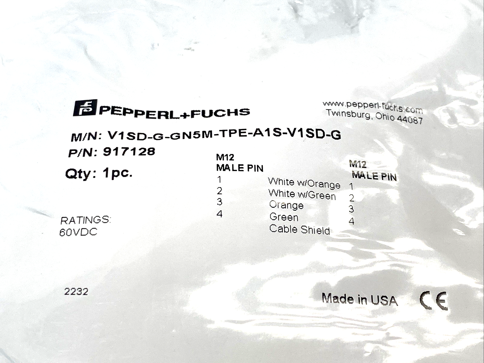 Pepperl+Fuchs V1SD-G-GN5M-TPE-A1S-V1SD-G Connection Cable M12 4-Pin Male 917128 - Maverick Industrial Sales